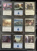 Front view of 9 Magic The Gathering cards in plastic binder sleeve, showing individual cards including Command Screech, Knight of the Tank, Grim Spider, Banishing Light, Dethlance, Untamed Witness, and Island basic land cards.