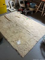 Full view of large rectangular cream beige shaggy rug on basement floor, showing overall size and condition.