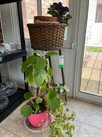 Wicker plant stand displaying three different potted plants: leafy green plant with broad leaves and trailing ivy in pink pot at the base, and blooming violet plant in terracotta pot in the basket top.