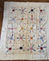Full view of quilt laid out flat showing 30 blocks of Dresden Plate pattern with multi-colored fabric petals and inscription in center.