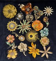Full view of all 19 brooches displayed on black background