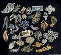 Top-down view of all 25+ vintage rhinestone and figural brooches on a black background showing a variety of styles and colors including leaf sprays, flowers, feathers, baskets, and abstract designs.
