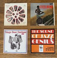 Four vinyl albums displayed, showing full covers: Pan Am Jet North Star Steelband, Steelband Calypsos and Classics, Stage Door Canteen Classics, and The Sound of Jazz Genius album covers visible.
