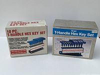Box of 10-piece T-Handle Hex Key Set with white background and red text, showing product image and description.