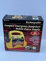 Box of Superex Rechargeable Compact Emergency Jumpstart Mobile Power Supply showing front graphics and features.