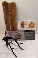 Photo of all items together: dried reeds bundle, two maple leaf canvas prints, Allen + Roth wall shelf in box, cast iron antler wall hook