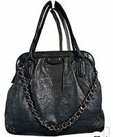 Front view of dark grey leather Banana Republic handbag with dual handles and metal chain strap.