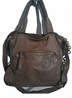 Front view of brown leather handbag showing zippered front pocket, shoulder straps, and overall condition