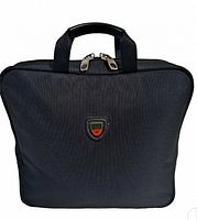Front view of black canvas laptop bag with triangular Roots logo patch and handles with zipper closure.