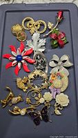 Photo of assorted brooches showing a variety of styles including floral, animal, and decorative motifs.