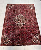 Full top view of the rectangular Hamadan Persian rug showing its color and pattern