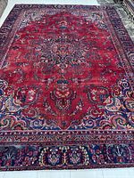 Full view of rug laid flat showing overall design and border