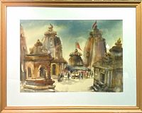 Full frontal photo of framed watercolour painting showing Indian temple scene by Arun Jana