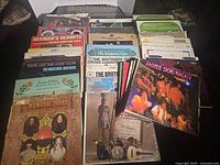 Overhead view of approximately 40 vinyl records in their sleeves, showing a variety of artists and album covers mostly in the rock genre.