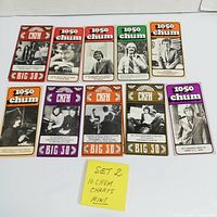 Set of 10 vintage CHUM 1050 and CKFH radio charts with colorful covers featuring DJs and music ranking themes arranged against a white background.