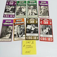 Set of 8 original vintage CHUM and CKFH music charts with colorful borders and black and white photos of artists and DJs on front covers.