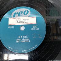Close-up of The Chantels 'Maybe' 78 RPM vinyl record label showing title, artists, and original label design.