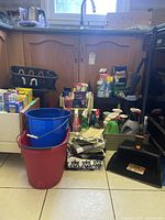 Overview of cleaning supplies arranged on kitchen floor and cabinet area with buckets, cleaning sprays, and other items.