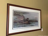Full view of the framed Paul Harpley print showing the waterfowl scene and wooden frame