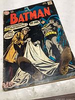 Front cover showing Batman, Commissioner Gordon, and a figure covered by a white cloth. Displays wear, creases and discoloration.
