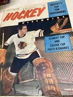 Cover of April 1959 issue of Hockey Pictorial showing a goaltender in full gear and text referencing Stanley Cup and Calder Cup facts and figures.