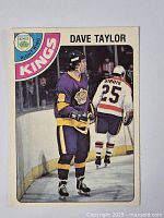 Front of Dave Taylor hockey card showing player in Kings uniform, team logo, and player name.