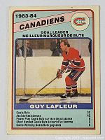 Front of 1983-84 Guy Lafleur Canadiens hockey card showing player in action, team, and statistics.