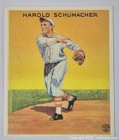 Front of Harold Schumacher vintage baseball card showing player illustration and name at top