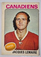 Front of Jacques Lemaire hockey card showing portrait, team name, and position with 'CANADIENS' and 'CENTER' labels.