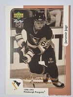 Front view of Jaromir Jagr hockey card showing him in black Penguins uniform with number 68, Upper Deck Retro logo, and rookie designation.