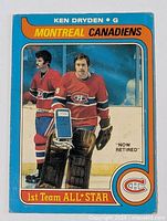 Front of Ken Dryden hockey card showing player image, team and distinction text