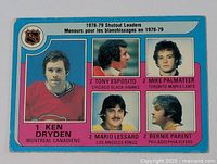 Front side of hockey card showing Ken Dryden and four other NHL shutout leaders from the 1978-79 season in a colorful layout with player portraits and team affiliations.