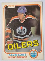 Front of Kevin Lowe Edmonton Oilers hockey card with player image and Oilers logo.