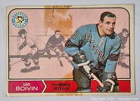 Front of Leo Boivin vintage hockey card with Pittsburgh Penguins defense photo and card number 101.