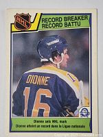 Front of Marcel Dionne hockey card in Los Angeles Kings uniform, with NHL record breaker banner and card details.