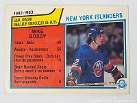 Full front view of the 1982-1983 Mike Bossy New York Islanders hockey card with scoring statistics and player image.