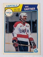 Front of the Mike Gartner Capitals hockey card showing player in white Capitals jersey with blue and red accents.