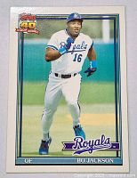 Full view of Bo Jackson baseball card showing player in Royals uniform on field, with Topps 40 Years of Baseball logo.