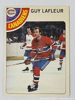 Front side of Guy Lafleur hockey card, showing the player skating on ice in Canadiens jersey with position and team graphics.