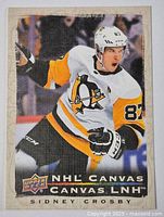 Full front view of the canvas hockey card showing Sidney Crosby in Pittsburgh Penguins uniform, Upper Deck logo, and NHL Canvas branding.