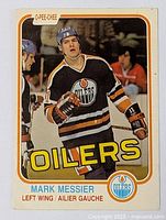 Front of 1980s O-Pee-Chee Mark Messier Edmonton Oilers hockey card showing player in uniform with Oilers logo and team name.