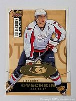 Front of Alexander Ovechkin hockey card from Upper Deck Collector's Choice series showing player in Capitals gear with gold foil details.