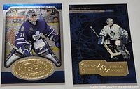 Both Curtis Joseph gold embossed hockey cards shown side by side, front faces visible with their embossed gold features and action photos of Curtis Joseph in Toronto Maple Leafs gear.