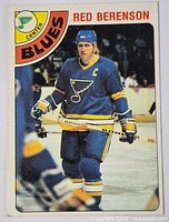 Front of Red Berenson hockey card showing player in St. Louis Blues uniform