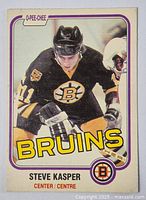 Front view of the hockey card showing Steve Kasper in Bruins black uniform with team logo and text.