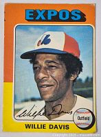 Front of a vintage Willie Davis baseball card showing the player in an Expos cap and uniform with EXOS logo and card name visible