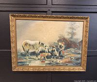Full front view of the framed oil on board equestrian scene painting with white horse and two children.