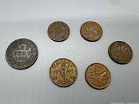 Photo showing the obverses and reverse sides of six Canadian pennies with various dates and designs, including a large 1866 one cent coin and a 1943 coin with a 'V' design.