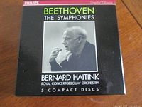 Front cover of the box set showing Bernard Haitink conducting, with text indicating Beethoven The Symphonies, 5 compact discs, Royal Concertgebouw Orchestra, and Philips branding.