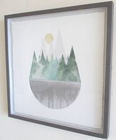 Full view of framed watercolor forest painting